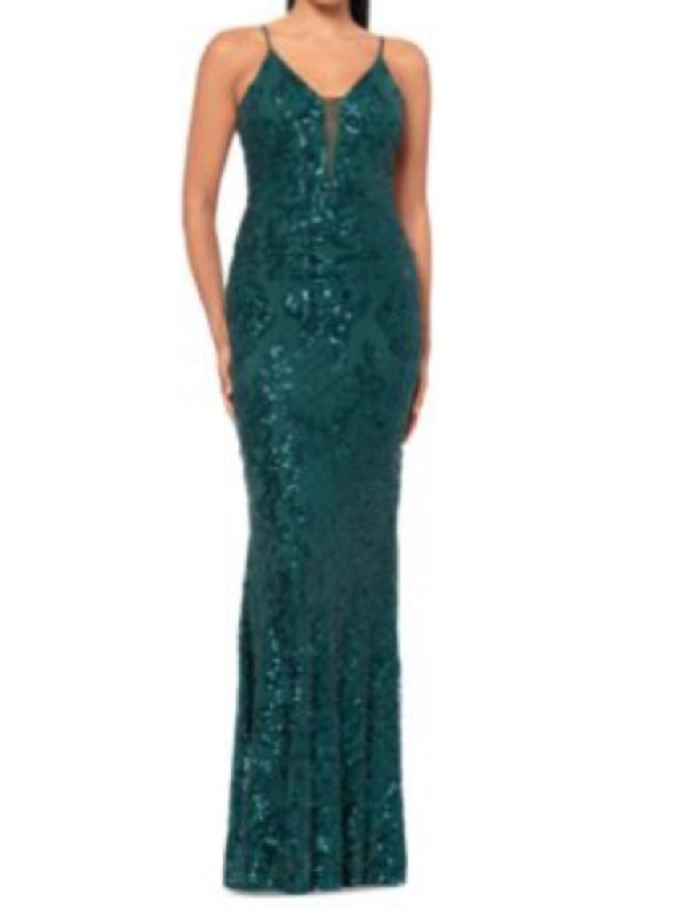 Betsy & Adam Emerald Beaded Sleeveless Maxi Gown
